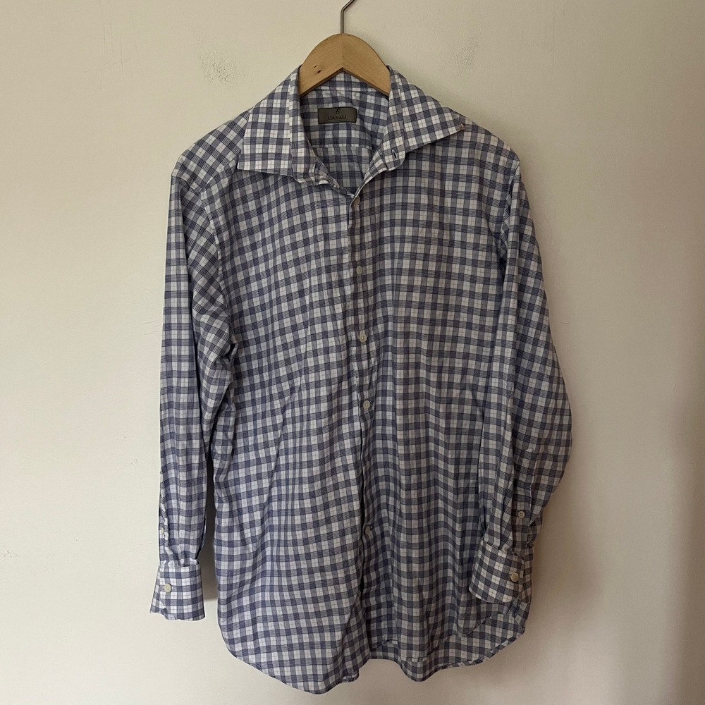 Canali Mens Blue White Check Dress Shirt Made in Italy Size 16.5 42 Long Sleeve